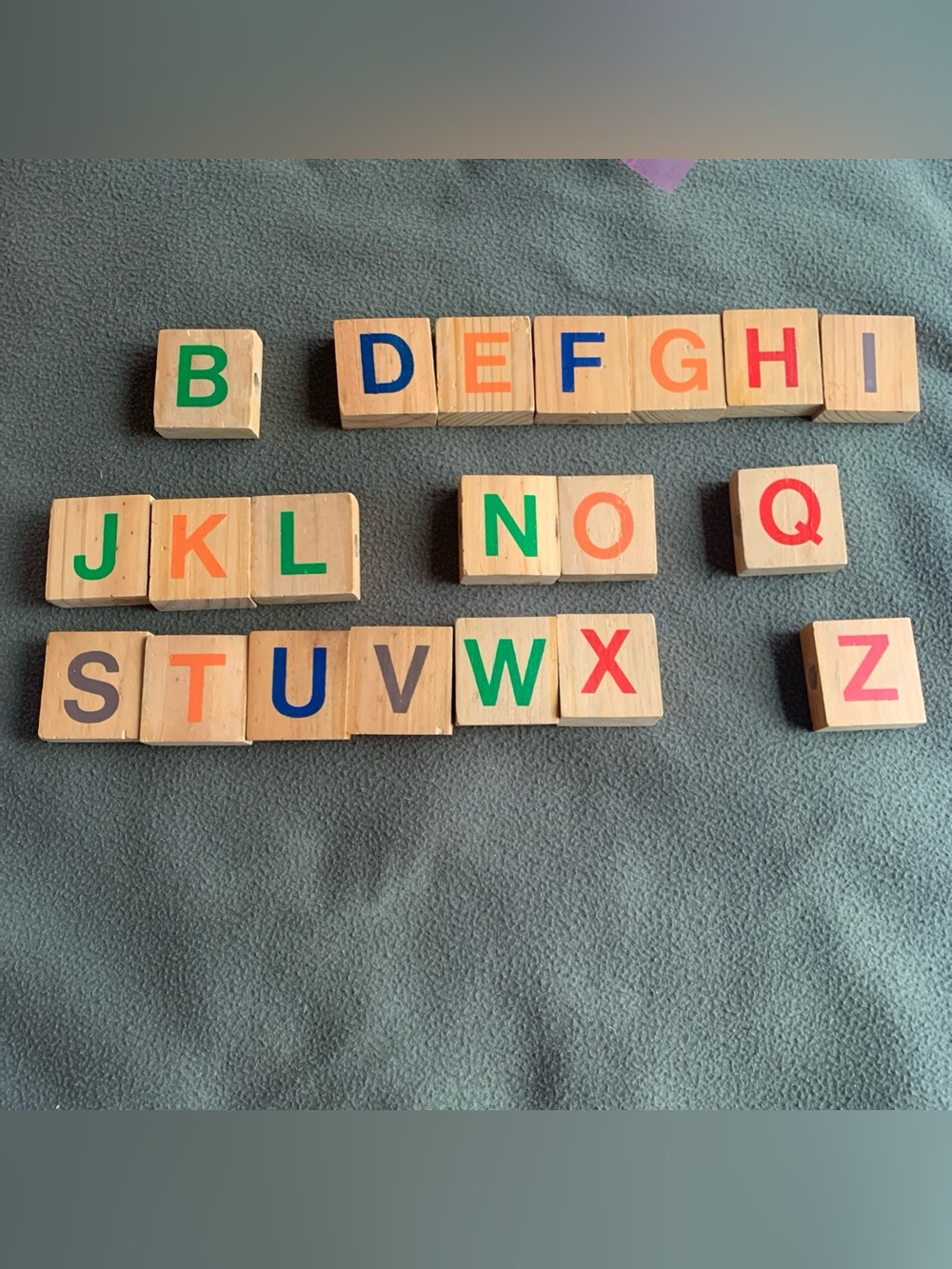Wooden alphabet blocks. Letter on one side, picture on the other. 2” x 2” x 3/4”